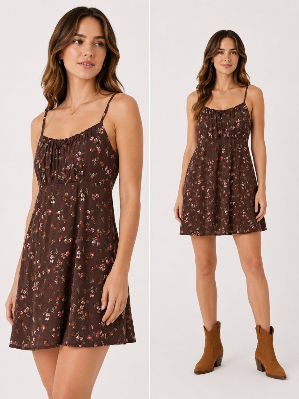 Wild Fable Brown Ditsy Floral Rayon Mini Dress Lingerie Cami Style Coquette